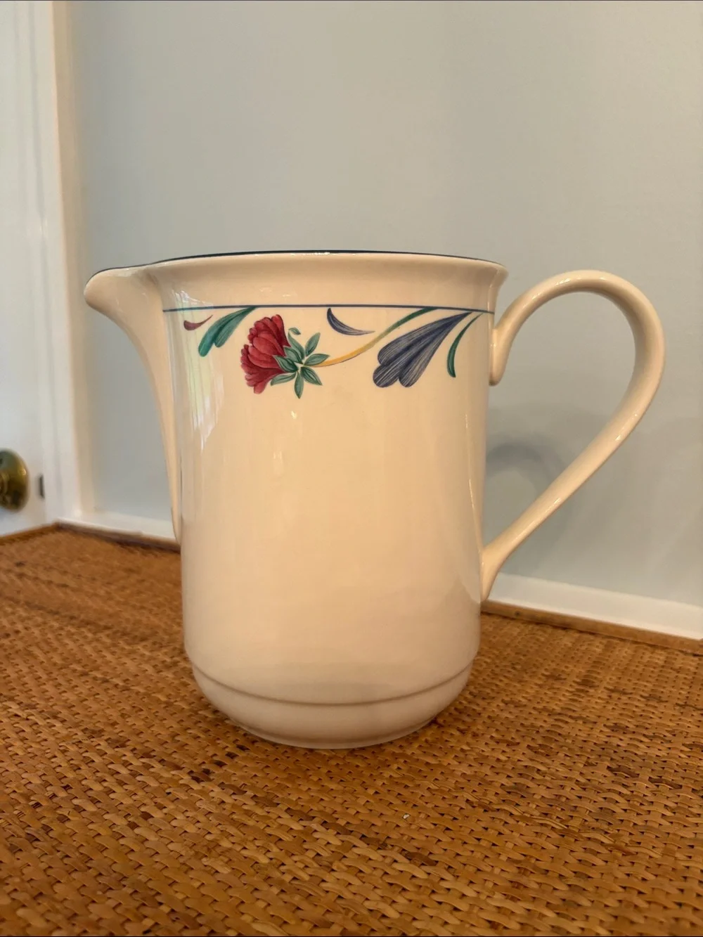 1980s Lenox ChinaStone Poppies on Blue Pitcher, Discontinued, Made in USA